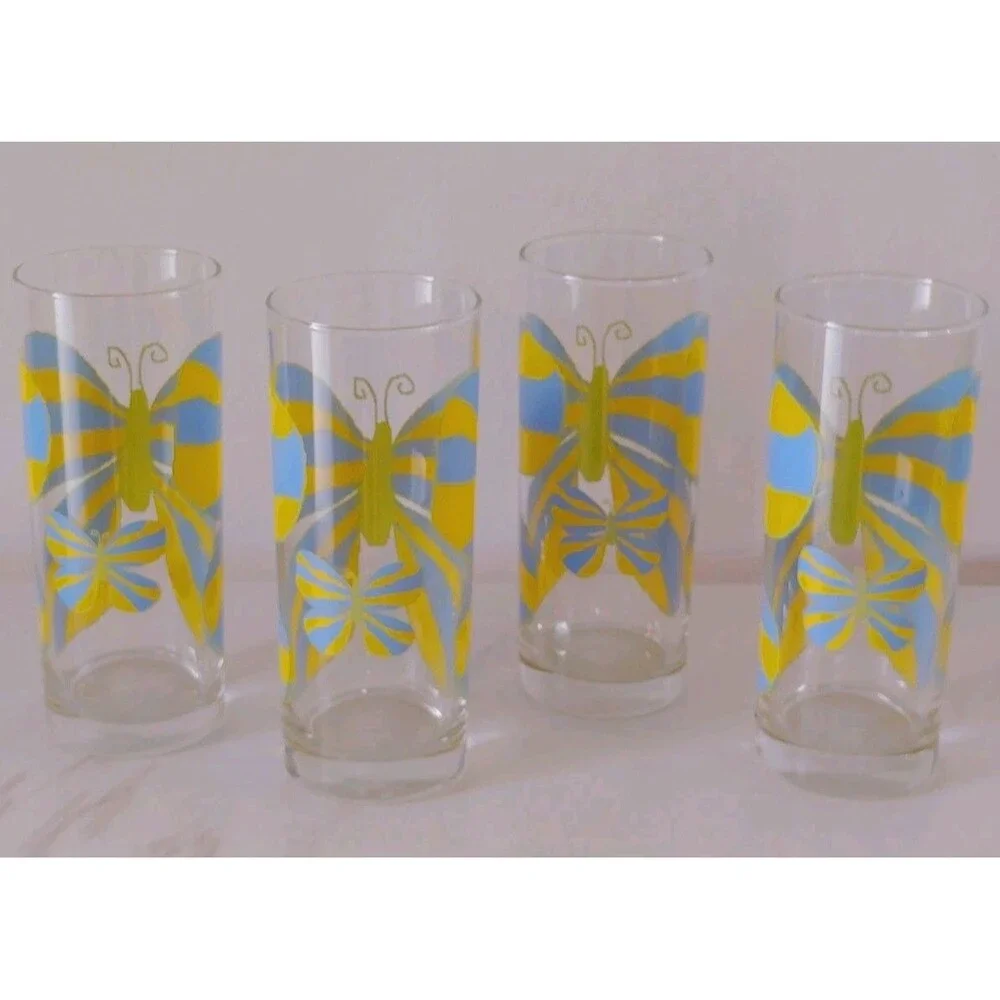 Set Of 4 Vintage MCM Drinking Glasses Tumblers Butterfly Midcentury Modern